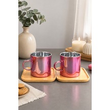 4 Parça 2 Kişilik Bambu Altlıklı Metalik Pembe Cam Kahve Fincan Takımı 100 Ml