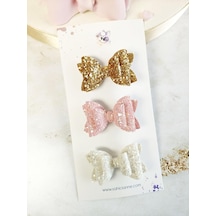 Xmlbayiciniz Simli Fiyonk Kız Çocuk Toka 6cm -glittery Double Fiyonk Klipsli Çocuk Tokası Ekru- Somon Pembe- Koyu Gold, 3'lü Se Çok Renkli