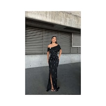 DefyModa Kadın Özel Tasarım Dik Yaka Taş Detaylı Maxi Abiye Elbise Siyah