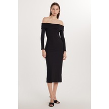 Tudors Kadın Slim Fit Dar Kesim Uzun Kollu Straplez Siyah Elbise-33616 Siyah