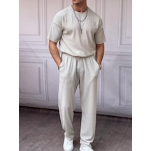 Modefendi İnce Fitil Desenli Oversize Kalıp Tshirt'lü Alt Üst Takım Gri