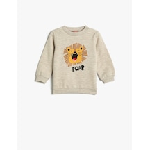 Koton Aslan Baskılı Sweatshirt Uzun Kollu Bisiklet Yaka Şardonlu Bej 4wmb10096tk Ekru