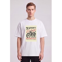 Black Nova Oversize Baskılı Unisex %100 Pamuk T-shirt Vintage Motorcycle Beyaz