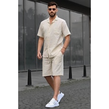 Madmext Erkek Bej Basic Oversize Gömlek Takımı 5588