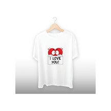Kalp I Love You Detaylı Unisex Tişört Beyaz
