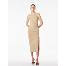Koton Drape Detaylı Yırtmaçlı Yuvarlak Yaka Kolsuz Midi Boy Bodycon Elbise Vizon 6sak80025ew