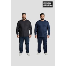 Süperlife Erkek Büyük Beden 2'li Set Uzun Kollu 2 İplik Bisiklet Yaka Tişört Spr26bts942+2 Lacivert