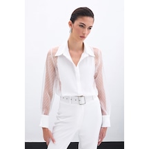 Sateen Organze Detaylı Gömlek - Ekru-135969 Ekru