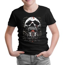 Skull Over A Horror House Siyah Çocuk Tshirt 001