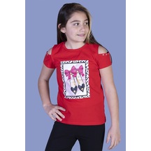 Toontoy Kids Toontoy Kız Çocuk Baskılı Bisiklet Yaka Kısa Kollu Tişört - Omuzları Açık Kırmızı