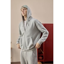 Defacto Relax Fıt Kapüşonlu İçi Yumuşak Tüylü Gri Erkek Hırka D7599ax/gr210