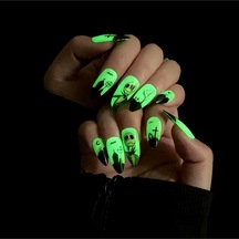 Halloween Korku Maskeli Özel Tasarım Uzun Düz Takma Tırnak Seti 24 Adet - Yeşil