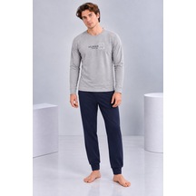 Pijamask Erkek Gri Baskılı Uzun Kollu Lacivert Pantolonlu Pijama Takımı Gri