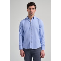 İmza Uzun Kol Desenli Armürlü Düğmeli Yaka Cepsiz Pamuklu Casual Slim Fit Gömlek 1004250206 Mavi