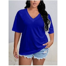 Kadın Mavi Düz Renk V Yaka Oversize Salaş T-shirt Start0000151