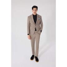 Sabri Özel Erkek Kahve Dar Kesim Slim Fit Viskon Ceket Yaka Fleto Kapaklı Cep Çift Yırtmaçlı 6 Drop Takım Elbise A.Kahverengi