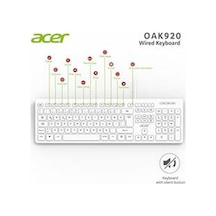 Acer Oak920 Q Usb Beyaz 1.8mt Kablolu Klavye-tek Tuş Hesap Makinalı Sessiz Tuş