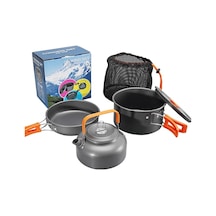 Tcherchi 3 Parça Set Kamp Tencere Seti Açık Pişirme Seti Su Isıtıcısı Tava Pot Sofra Ekipmanları Siyah - Turuncu Siyah