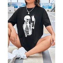 Kadın İskelet Baskılı T-shirt Kısa Kol Bisiklet Yaka Ovarsize Tişört - Siyah Siyah