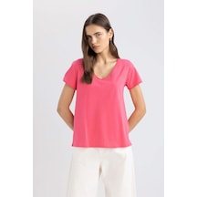 Defacto Regular Fit V Yaka Basic Kısa Kollu Tişört K1507AZ24SMPN239 Pembe