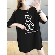 Kadın Tişört Penye Compack Baskılı Oversize Bisiklet Yaka T-shirt - Siyah