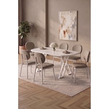 Hooli 90x168 Beyaz Mdf Masa, Metal X Ayak, Metal Sandalye, 6 Kişilik Mutfak Masası Takımı Ve Yemek Masası Takımı Cappuccino