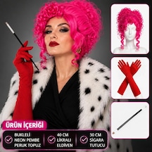 Neon Bukleli Pembe Peruk Uzun Kumaş Kırmızı Eldiven Ve Tutucu Seti 3 Parça