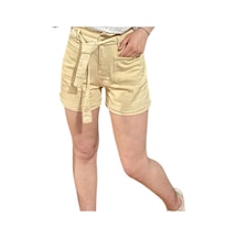 Hgfashion Yüksek Bel Kemerli Önden Cepli Krem Rengi Şort Krem
