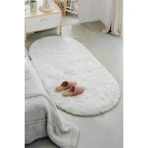 Beyaz Oval Post Halı Kesme Yolluk Peluş Yumuşak Kaymaz Dot Taban