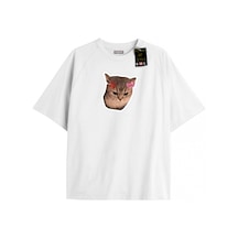 Tarzsokak Beyaz Oversize T-shirt Tatlı Kızgın Kedi Özel Tasarım