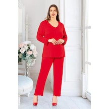 Faal 8806 Kadın Büyük Beden Uzun Kollu Pijama Takım-kırmızı Kırmızı