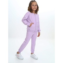 Toontoy Kids Toontoy Kız Çocuk 2'li Takım Nakış Baskılı Kolej Yaka Fermuarlı Cepli Sweatshirt & Beli Paçası Ribanalı Jogger Eşofman Altı - 2 İplik Lila