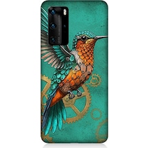 Huawei P40 Pro Uyumlu Turkuaz Zeminde Sinek Kuşu Desenli Silikon Kılıf Çok Renkli