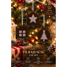 Taşlı Keçe Yılbaşı Süsü 3 Lü Set Çift Taraflı Işıltılı Dekor 4 Renk Seçenekli Kahverengi