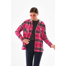 Polologin Butik Kadın Fuşya Pembe Kapüşonlu Ekose Oduncu Gömlek Ceket Pembe