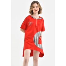 Kapüşonlu Fermuarlı Taş Dizinli Cepli Kırmızı Kadın Elbise 001