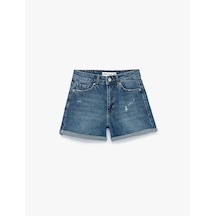 Koton Pamuklu Yüksek Bel Slim Fit Duble Paça Mini Denim Şort Orta İndigo 6sal40005md