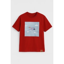 Erkek Bisiklet Yaka %100 Pamuk Helikopter Baskılı T-shirt Kiremit