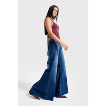 Itsbasic Kadın Koyu Mavi Renk 2w5-5 Elephant Leg Fit Bol Kesim Paça Detaylı Denim Jean
