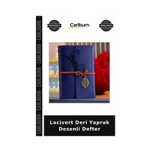 Lacivert Deri Yaprak Desenli Defter Ofis Gereci Hatıra Günlüğü Yazı Defteri