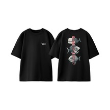 Thewert Three Fish Tasarım Sırt Baskılı Pamuk Siyah Oversize T-shirt