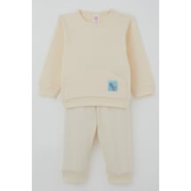Breeze Erkek Bebek Pijama Takımı Omuzdan Patlı Kanguru Cepli Sevimli Fil Armalı 4 Ay-1 Yaş, Krem Krem