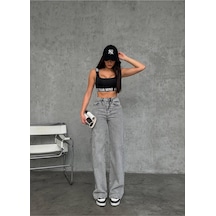 Wide-leg Geniş Paça Grey Snow Wash Denim Pantolon Gri