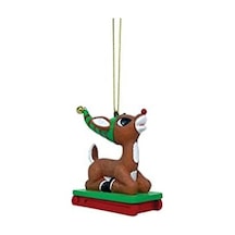 Department 56 Rudolph Kırmızı Burunlu Ren Geyiği Kızağa Binen Asılan Süs, 2,95 İnç, Çok Renkli