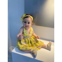 MODAVALS LİMON SARI KARDEŞ KOMBİN ÇİÇEKLİ KIZ ÇOCUK ELBİSE & BANDANA KOMBİN Sarı