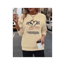 Herkesemoda Leopar Desen Detaylı Bisiklet Yaka Sweatshirt Bej