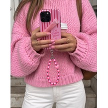 Les Petites Mains Pembe Küp Boncuklu Kalp Detaylı El Yapımı Telefon Askısı