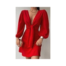 Store Krep Yaka Elbise Kollu Kumaş Balon Kruvaze Kuşaklı Mor - 935897292 Mor