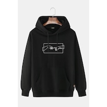 Unisex Siyah Kapüşonlu Adem'in Yaratılışı Baskılı Slim Fit Kanguru Cepli Sweatshirt Siyah