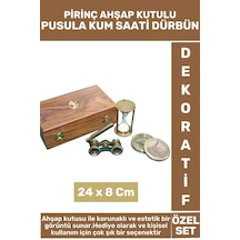 Yüksek Kaliteli Hediyelik Dekoratif Koleksiyon Ahşap Kutu Pirinç Pusula Dürbün Kum Saati Premium Set